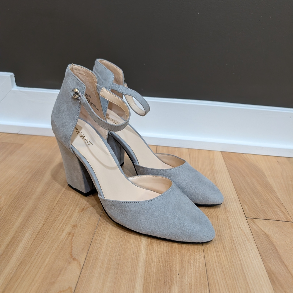 Nine West Light Gray Suede Ankle-Strap Block Heels